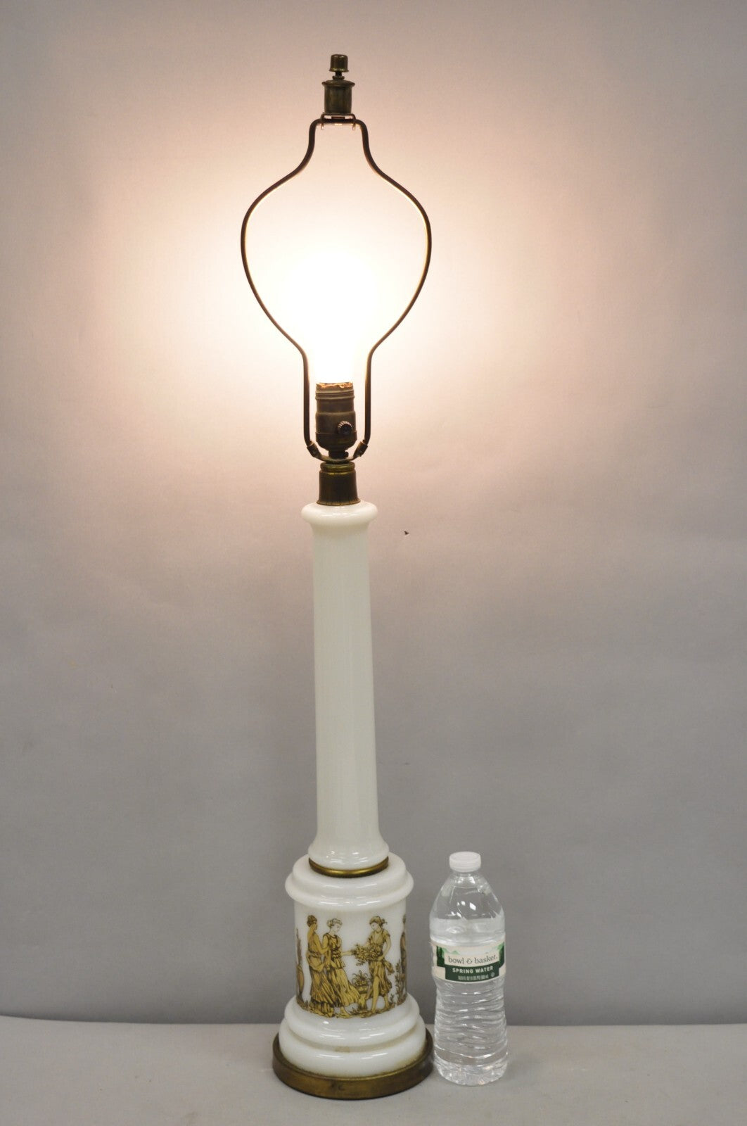 Vintage Italian Neoclassical Style White Milk Glass Empire Column Table Lamp
