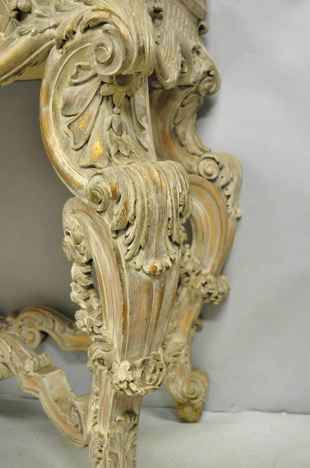 Antique French Louis XV Rococo Style Shell Carved 68" Marble Top Console Table