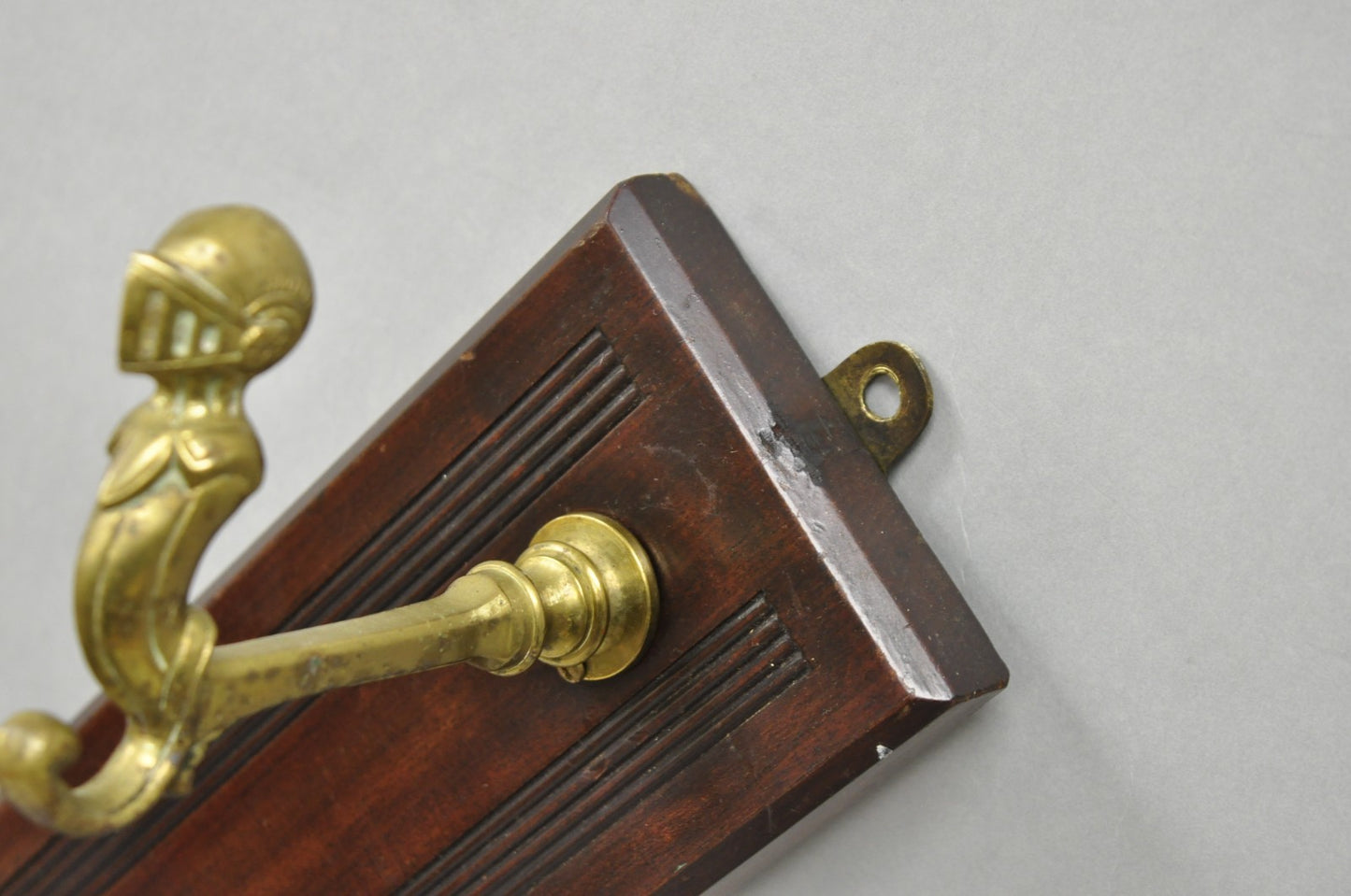 Antique Victorian Mahogany X-Form Wall Coat Rack w/ Brass Knight's Helmet Hooks