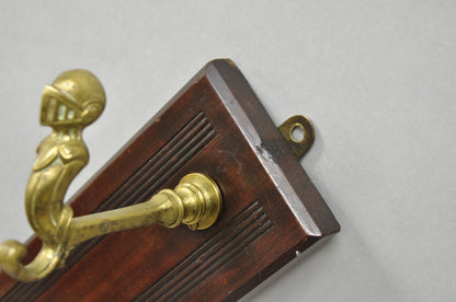 Antique Victorian Mahogany X-Form Wall Coat Rack w/ Brass Knight's Helmet Hooks