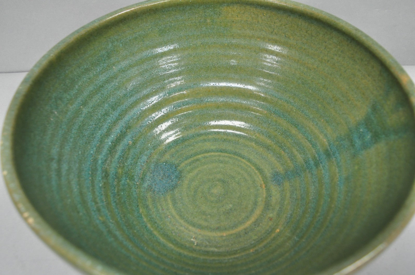 Vintage Primitive Green Glazed Ceramic Pottery Large Mixing Bowl w Handle