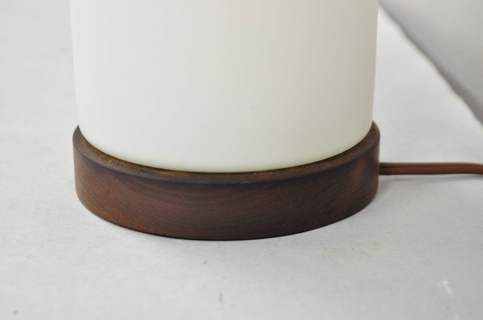Vintage Mid Century Swedish Modern Frosted Glass Cylinder Small Teak Table Lamp