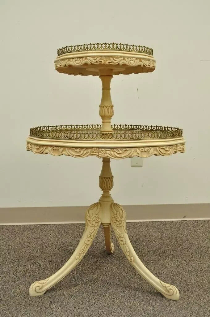 Vintage French Louis XV Style Satinwood Inlay Round 2 Tier Occasional Side Table