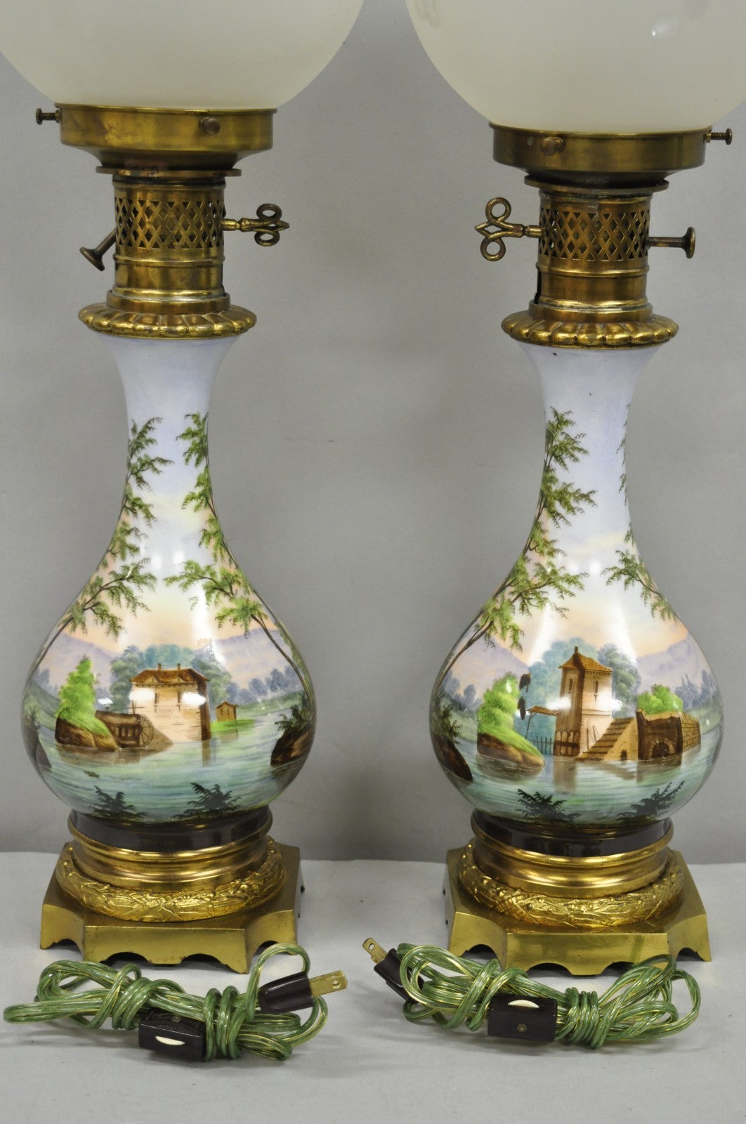 Antique French Napolean III Hand Painted Porcelain Oil Lamp Table Lamps - a Pair