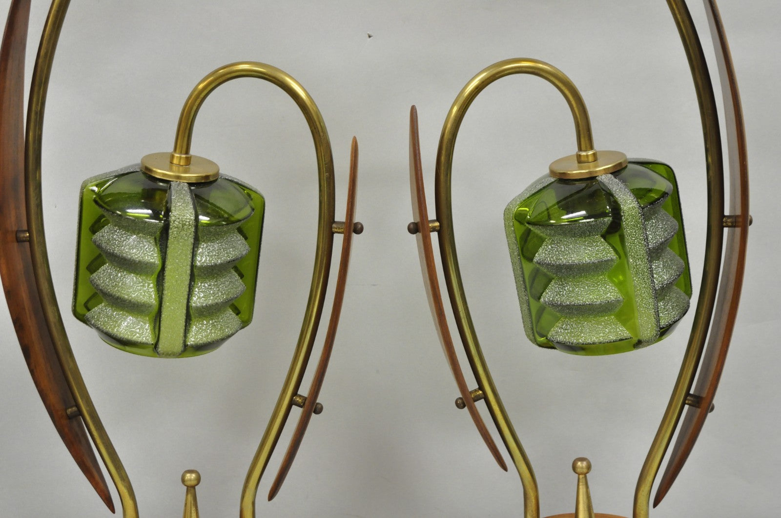 Vintage Mid Century Modern Walnut Tulip Flower Glass Shade Table Lamps - a Pair