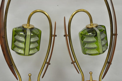 Vintage Mid Century Modern Walnut Tulip Flower Glass Shade Table Lamps - a Pair