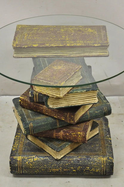 Vintage Regency Style Figural Faux Stacked Book Form Round Glass Top Side Table