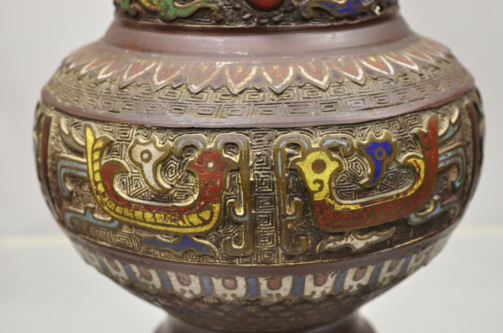 Antique Japanese Champleve Cloisonne Bronze Twin Handle 12" Vase