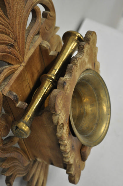 Antique Arts & Crafts Apothecary Wood Carving Wall Mounted Brass Mortar & Pestle