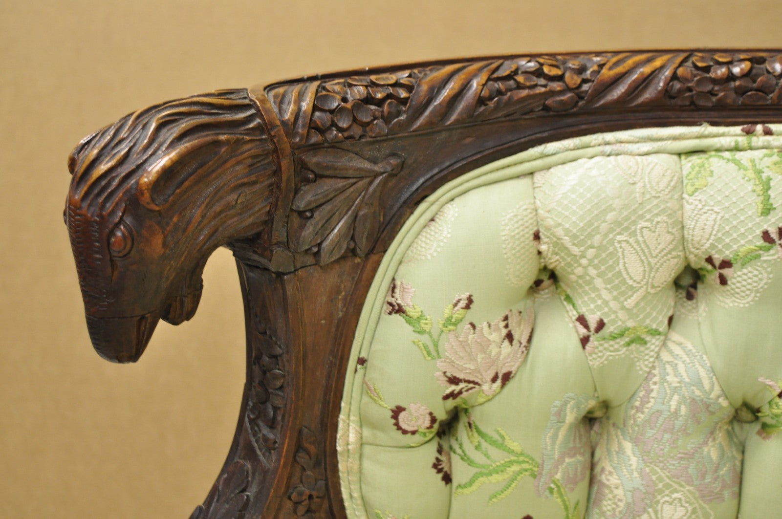 Antique Italian Renaissance Carved Walnut French Victorian Rams Head Green Sofa