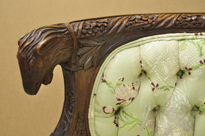 Antique Italian Renaissance Carved Walnut French Victorian Rams Head Green Sofa