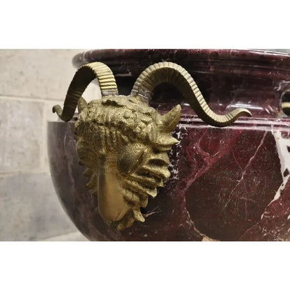 Large French Neoclassical Rouge Marble Bronze Rams Head Urn Planters - a Pair