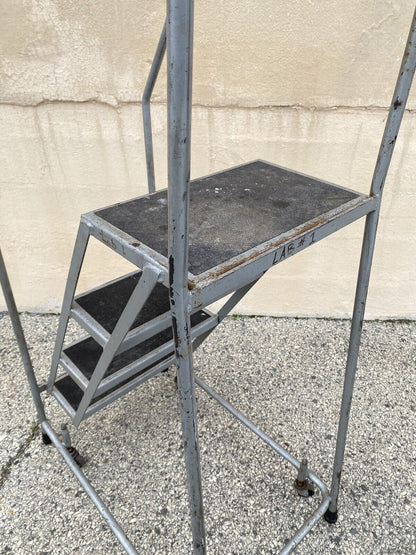 Vintage Ballymore Warehouse Garage 4 Step Metal Rolling Safety Ladder w/ Rails