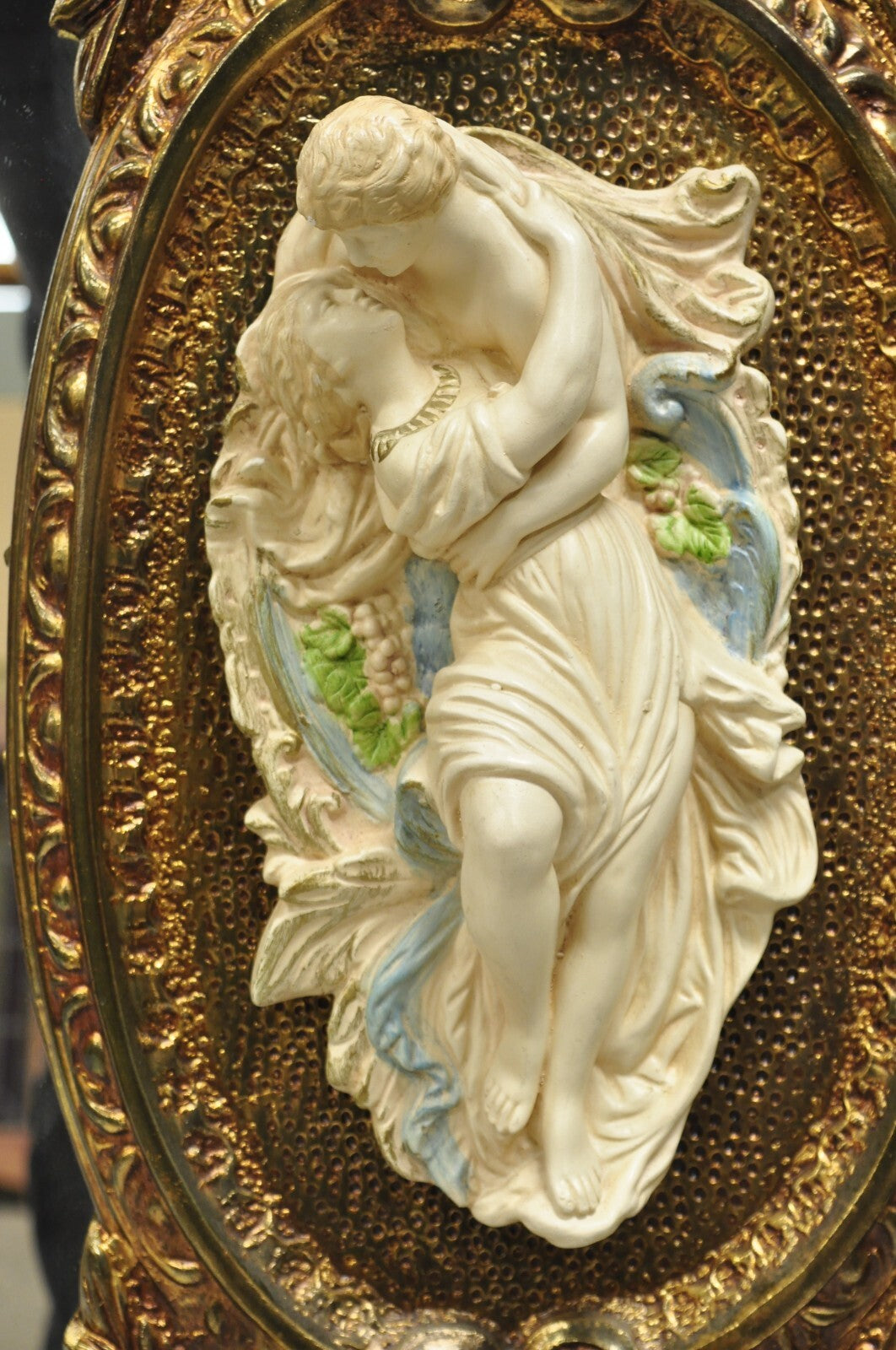 Vintage French Rococo Large Gold Wall Mirror with Bisque Figural Lovers Plaques