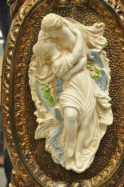 Vintage French Rococo Large Gold Wall Mirror with Bisque Figural Lovers Plaques
