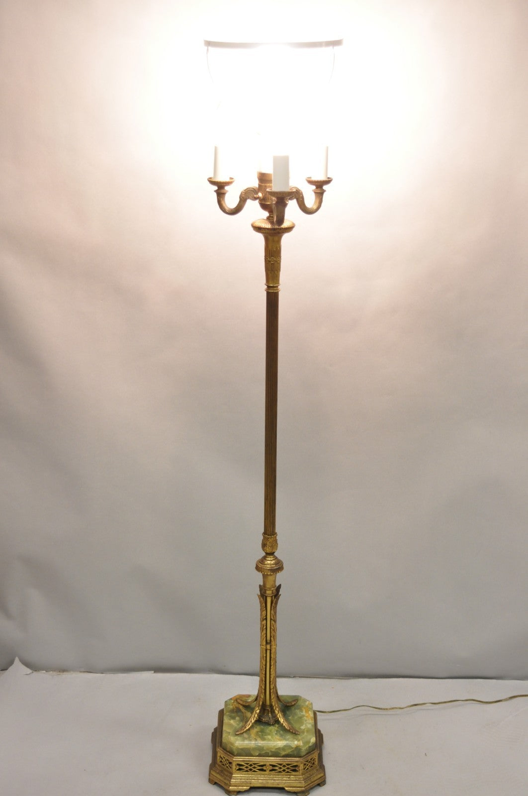 Antique Art Deco Brass & Green Onyx Pole Floor Lamp by Mutual Sunset Lamp Co.