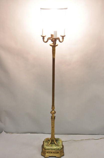 Antique Art Deco Brass & Green Onyx Pole Floor Lamp by Mutual Sunset Lamp Co.