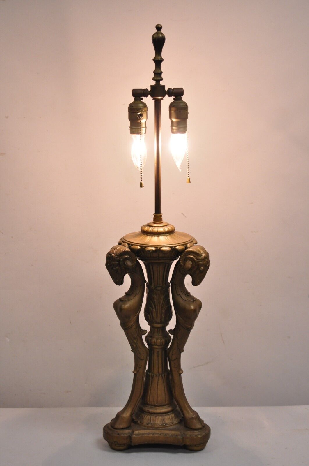 Vintage Neoclassical Style Triple Ram Goat Head Clad Gold Table Lamp