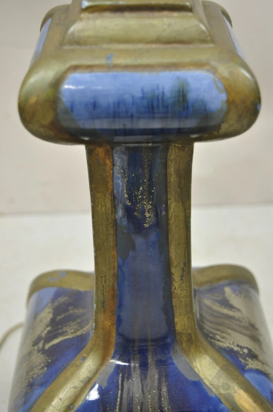 Vintage Mid Century Modern Blue Drip Glazed Sculpted Ceramic Pottery Table Lamp