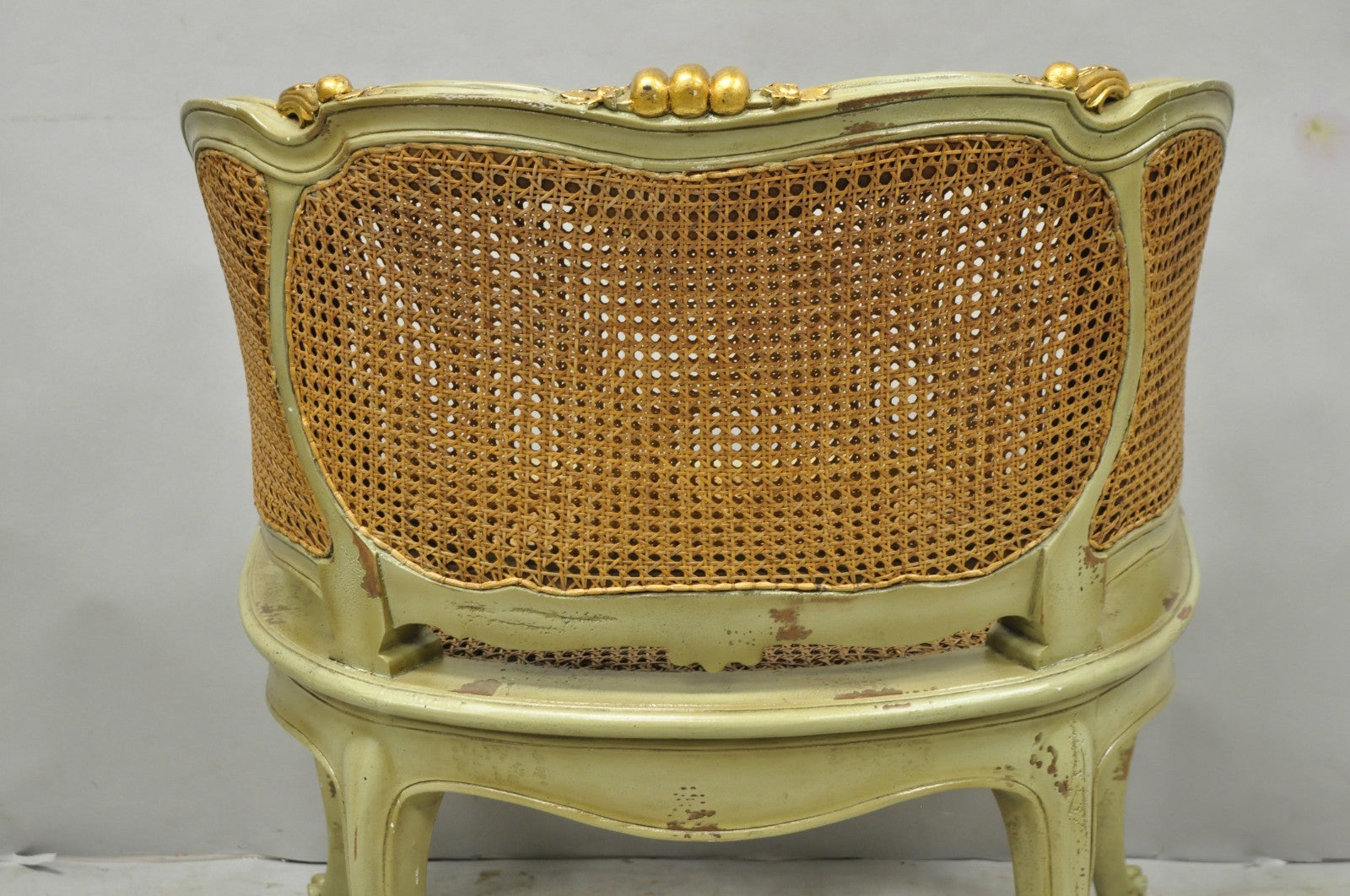 Vintage French Louis XV Style Green Painted Gold Gilt Cane Bergere Arm Chair