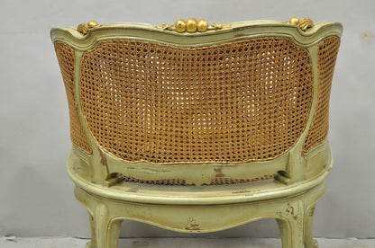 Vintage French Louis XV Style Green Painted Gold Gilt Cane Bergere Arm Chair
