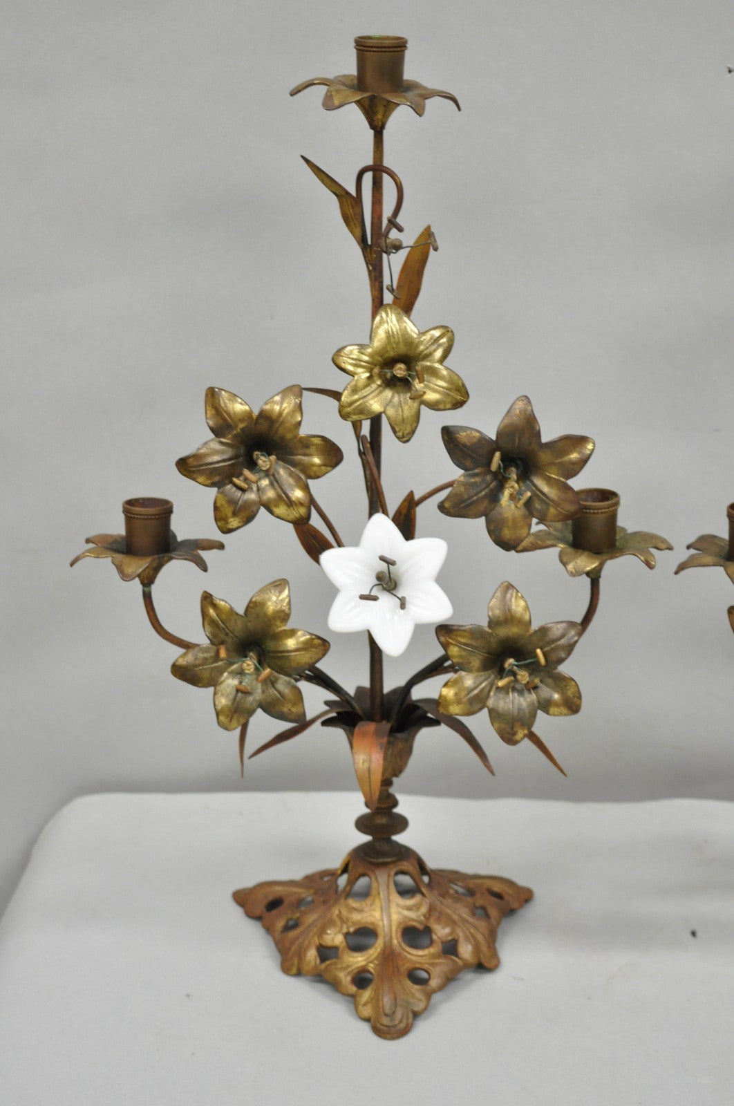Antique French Baroque Gold Gilt Bronze Altar Church Candlestick Candelabra Pair