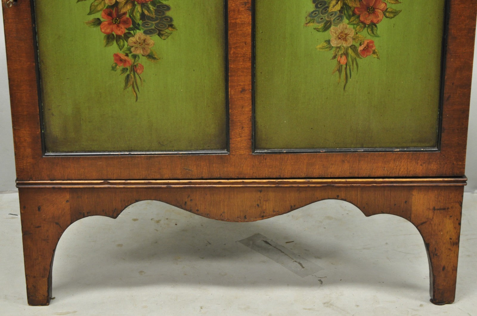 Antique English Adams Style Green Hand Painted Narrow Corner China Cabinet
