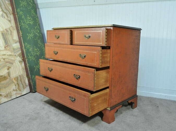 Vintage Chippendale Style Orange Tooled Leather Commode Chest of Drawers Dresser