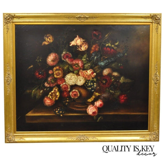 Large French 58 x 70 Gold Frame Still Life Oil Painting with Bouquet of Flowers