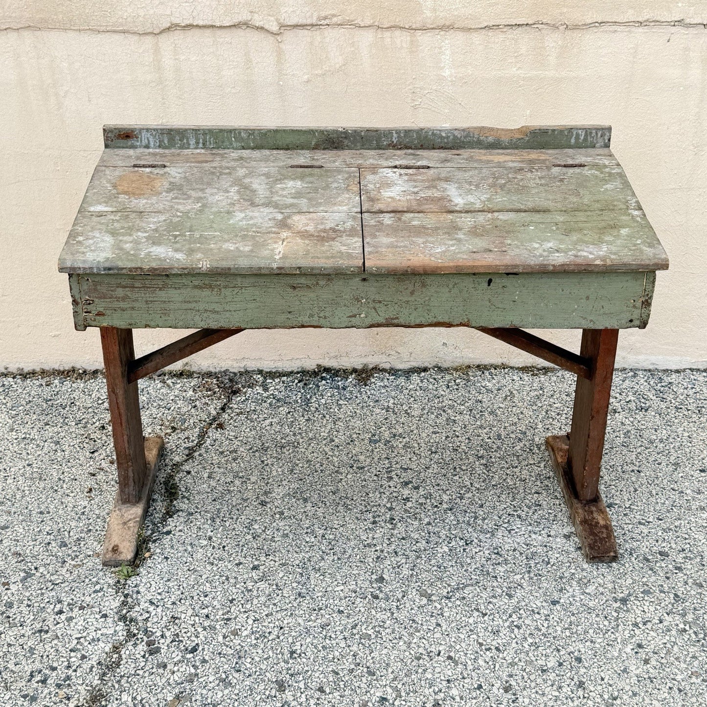 Antique French Primitive Rustic Green Distress Painted Flip Top Wood School Desk