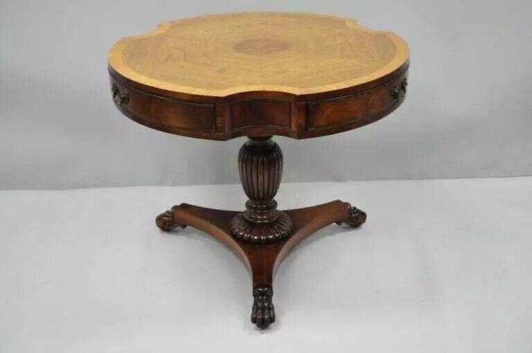 Vintage Grosfeld House Regency Mahogany & Rosewood 3 Drawer Pedestal Drum Table