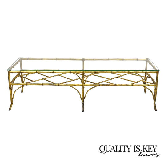 Vintage Italian Hollywood Regency Gold Gilt Iron Glass Faux Bamboo Coffee Table