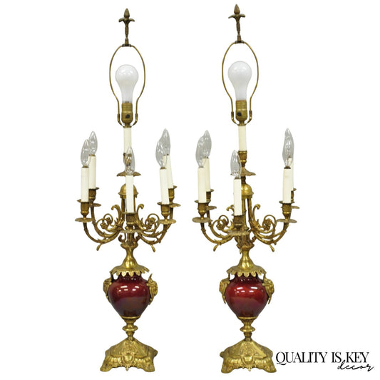 Vintage French Louis XV Style Red Porcelain Brass Candelabra Table Lamps - Pair