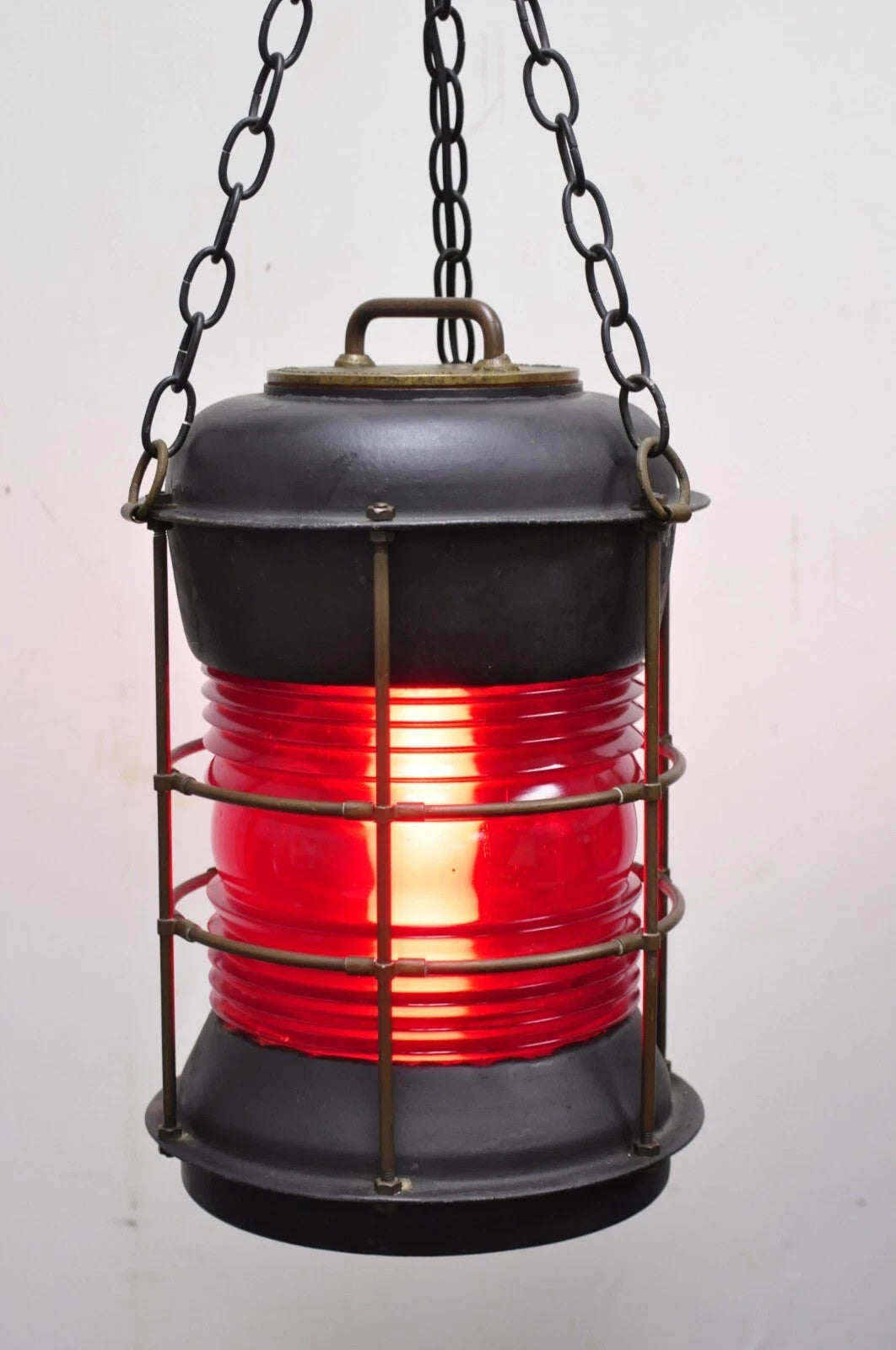 Antique Durkee Marine Ship Lantern Fixture Red Fresnel Pendant Chandelier (A)
