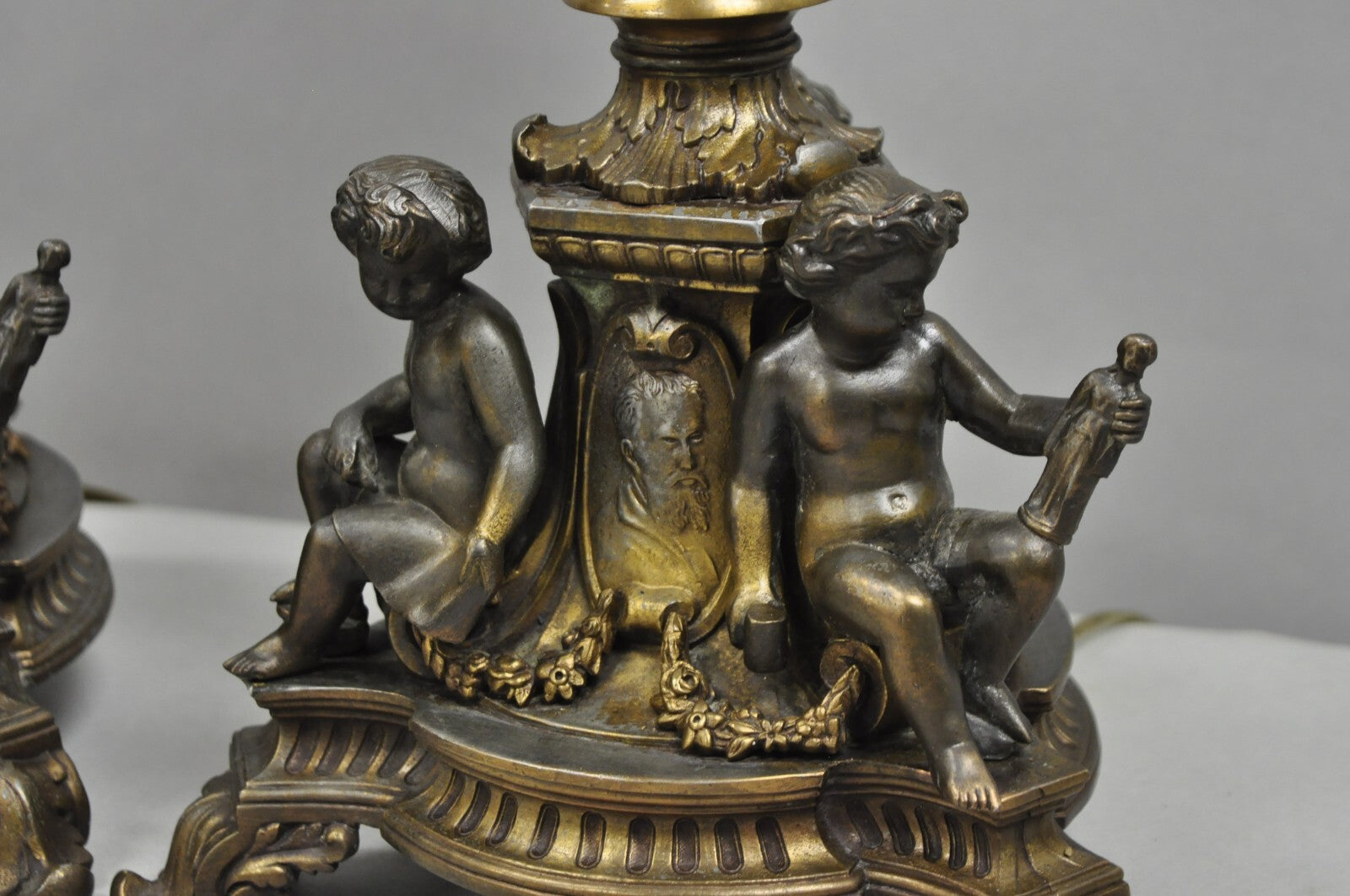 Antique French Empire Renaissance Gilt Metal  & Glass Cherub Table Lamps a Pair