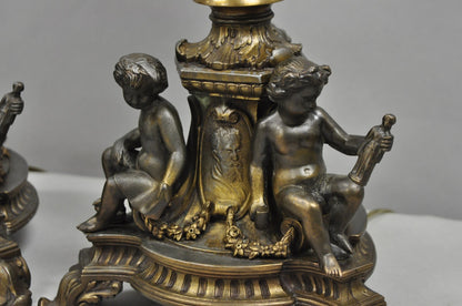 Antique French Empire Renaissance Gilt Metal  & Glass Cherub Table Lamps a Pair
