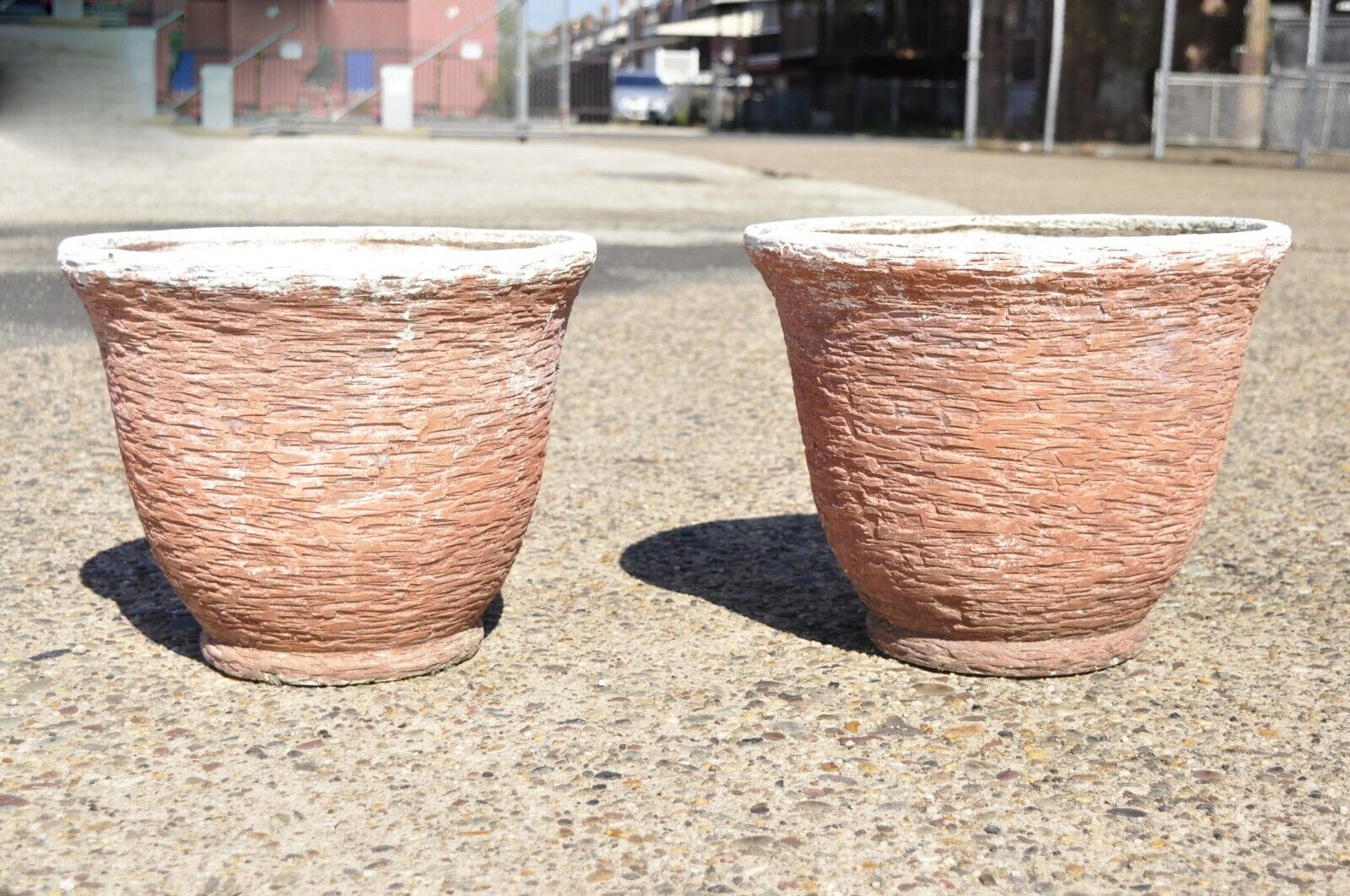 Pair of Vtg Red Distress Painted Fiberglass Round Garden Planter Pots Faux Stone