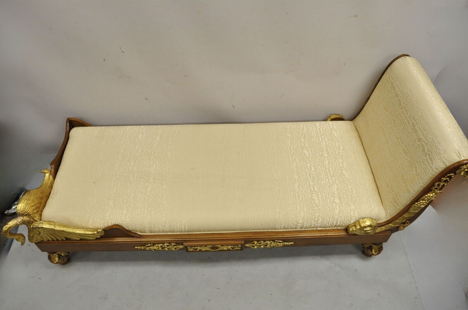 Vintage French Neoclassical Style Swan & Rams Recamier Daybed Chaise Lounge Sofa