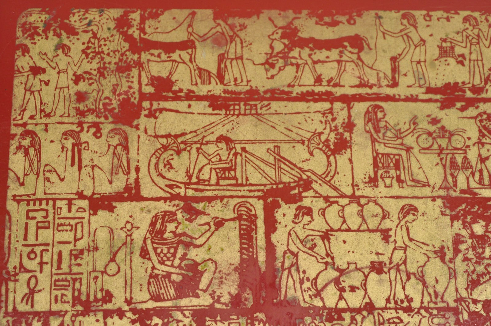 Red Lacquered Wood Ancient Egyptian Hieroglyphic Gold Papyrus Square Bar Tray