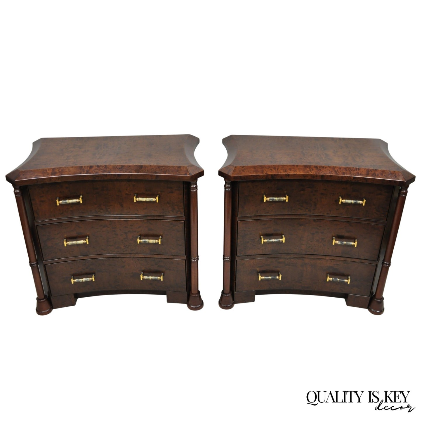 Enrique Garcel Art Deco Lacquered Burl Wood 3 Drawer Nightstand Commode - a Pair