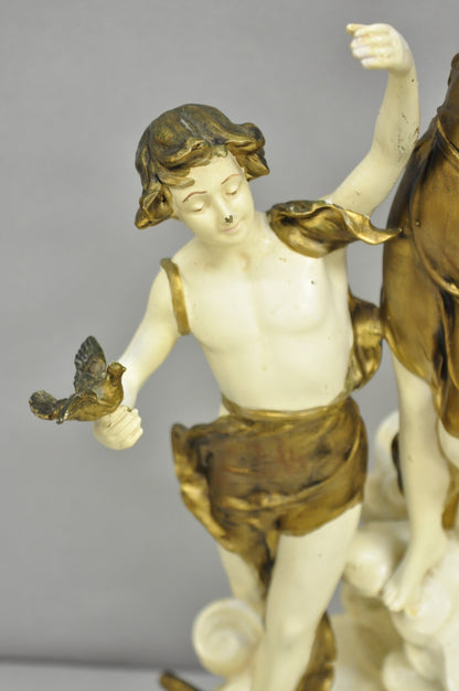 Antique L&F Moreau Spelter Metal Painted Figural Boy and Girl Table Lamp - Pair