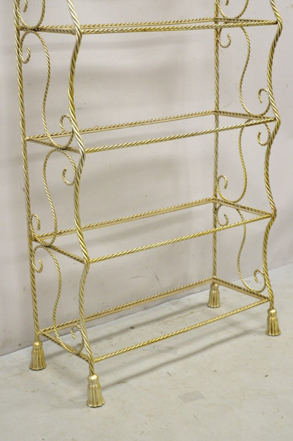 Italian Hollywood Regency Rope Tassel Silver Gold 5 Tier Iron Bakers Rack Shelf