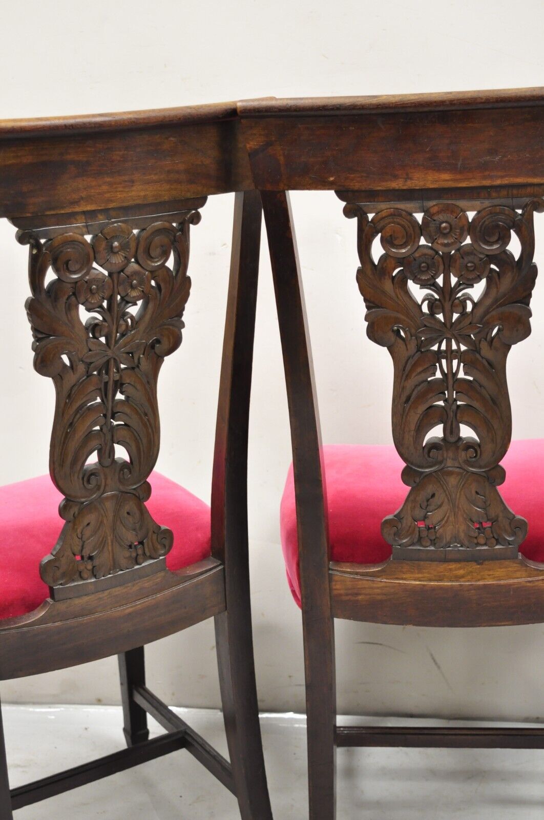 Antique Edwardian Floral Carved Mahogany Red Mohair Dining Chairs - Set of 4