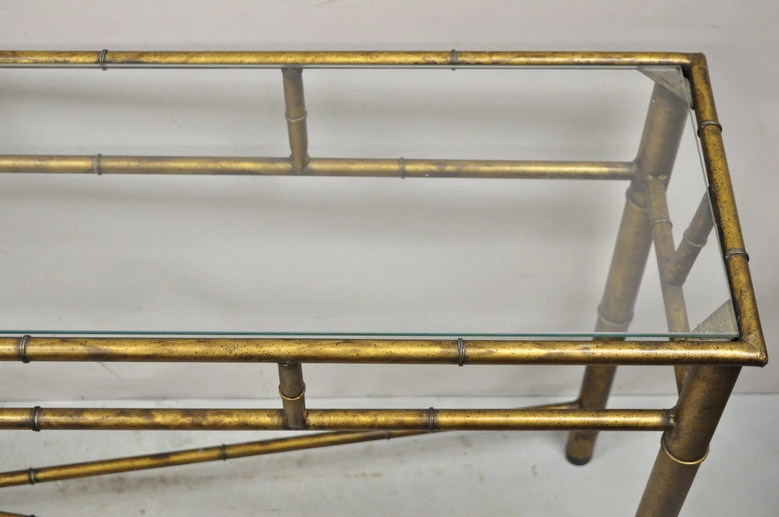 Vintage Italian Hollywood Regency Faux Bamboo Gold Gilt 72" Console Hall Table