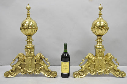 French Empire Renaissance Brass Lion Coat of Arms Cannonball Andirons - a Pair
