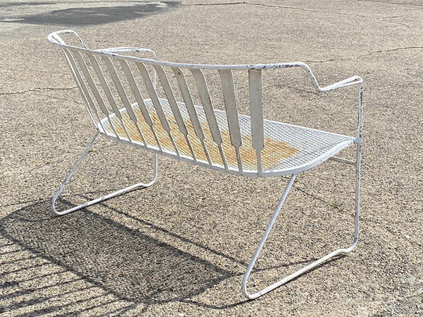 Vintage Mid Century Modern Wrought Iron Sculptural Garden Patio Loveseat Sofa