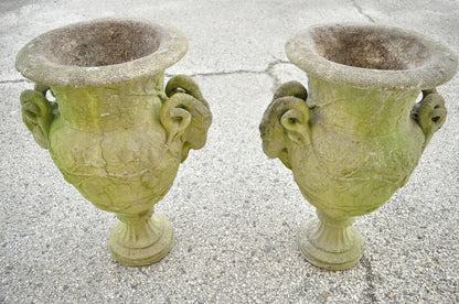 French Neoclassical 28" Concrete Figural Cherub Rams Garden Planters - a Pair