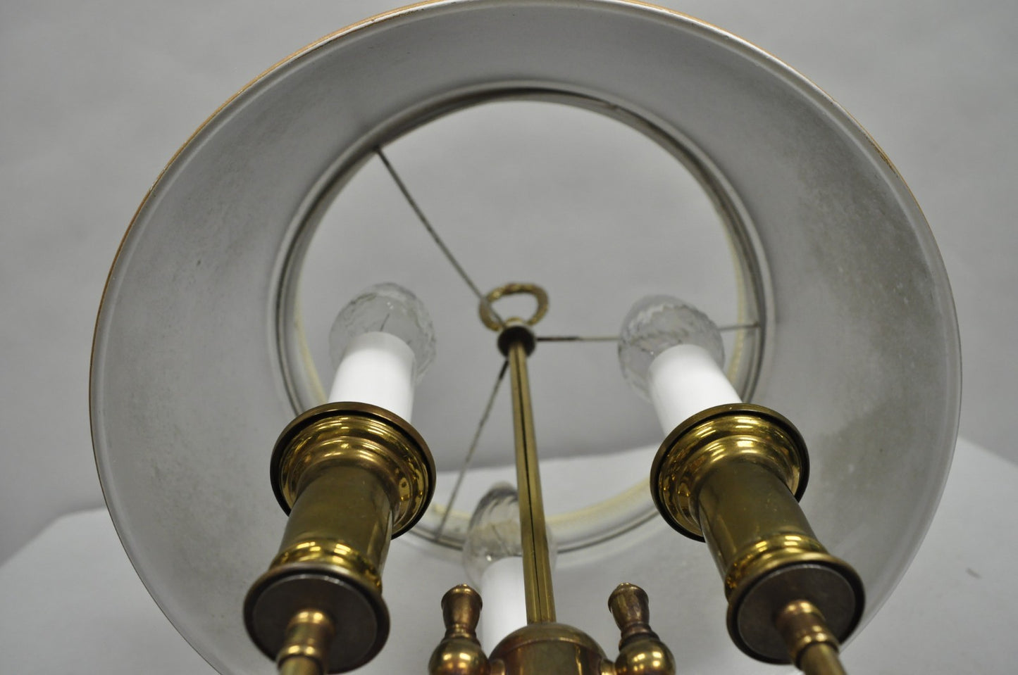 Vintage French Country Tole Metal Shade Brass Column Candelabra Table Lamps Pair