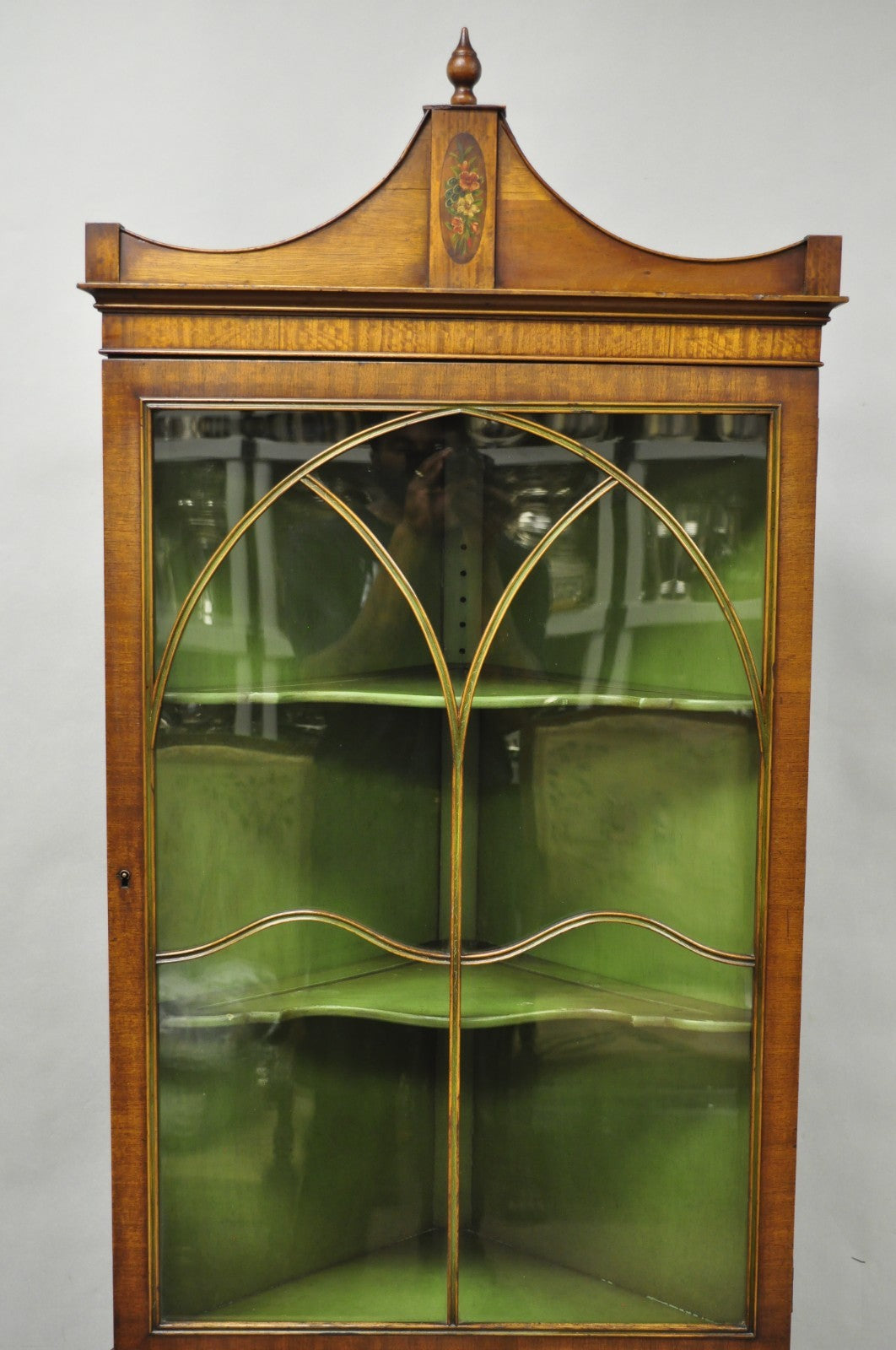 Antique English Adams Style Green Hand Painted Narrow Corner China Cabinet