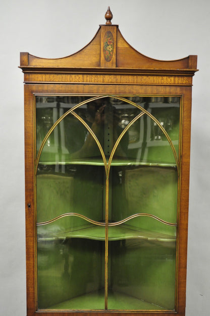 Antique English Adams Style Green Hand Painted Narrow Corner China Cabinet